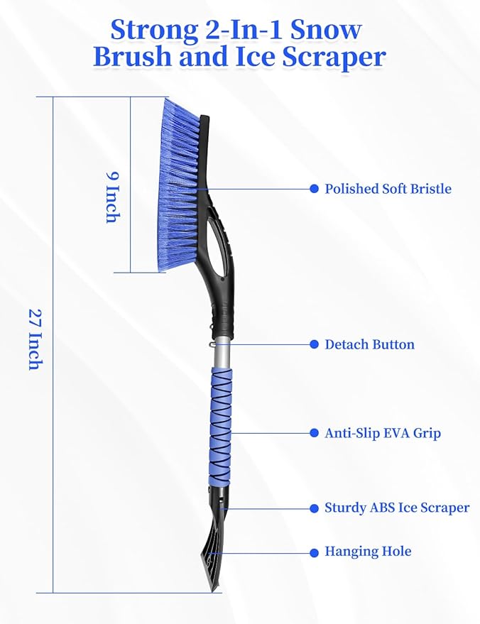 HEEYA 2 Pack 27 Inch Ice Scraper and Brush for Car, Snow Brush and Ice Scraper with Foam Grip, Detachable Snow Scraper for SUV Truck Jeep Vehicle Auto Windshield Window - Purple & Blue