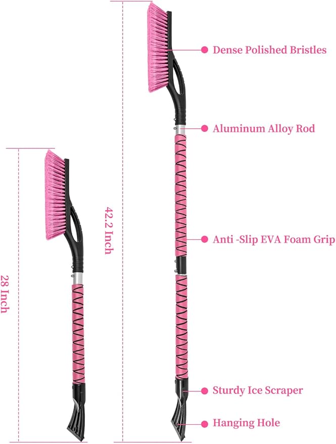HEEYA 42.2 Inch Ice Scraper and Brush for Car, Snow Brush and Ice Scraper for Windshield Window, Car Snow Scraper with Foam Grip for SUV Truck Jeep Vehicle - Pink