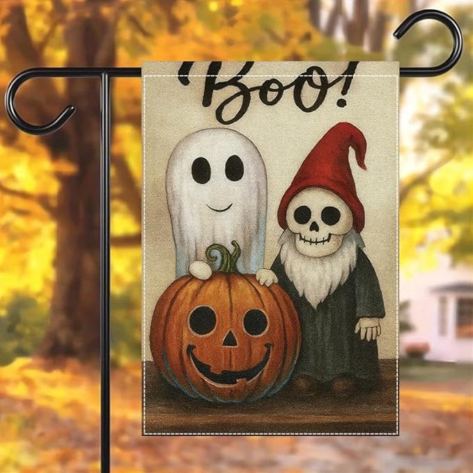 Halloween Garden Flag 12x18 Inch Double Sided Ghost Pumpkin Skeleton Yard flag Outdoor Holiday Party Porch Decor for Patio Lawn Garden Home Decoration