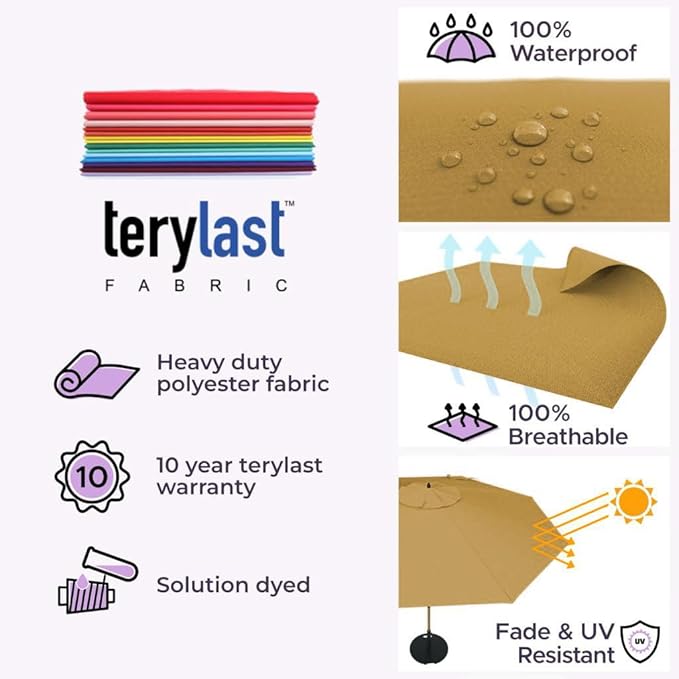 Midtown Umbrellas The Swilt 9 Feet Patio Umbrella in Terylast Sand (Tan) Polyester Fabric - Fiberglass Ribs, Auto-Tilt Aluminum Frame For Backyard, Deck, Garden, Pool - White Pole