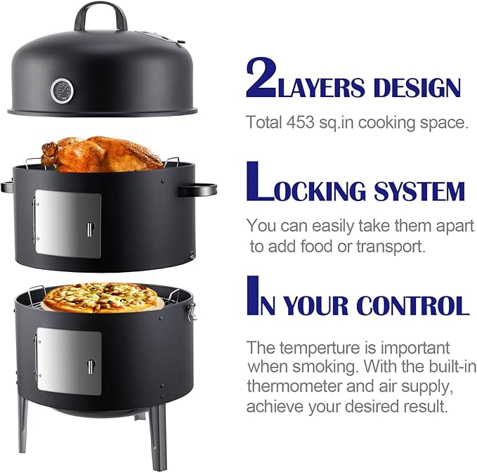 Realcook Charcoal Meat Smoker Grill: Premium BBQ Smokers with Smoke Box - Barbecue Vertical Charcoal Grill Combo for Outdoor Cooking Patio Backyard Grilling Tailgating