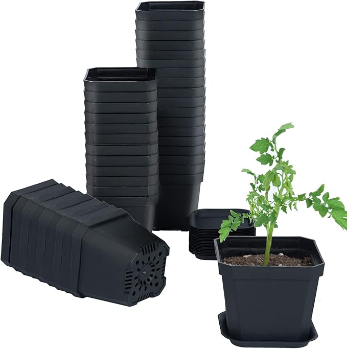 foxany 4" Plastic Nursery Pot, 30 Pcs Thick Plastic Square Planting Pots, Plant Seedling Pots, Seed Starting Pots - Black