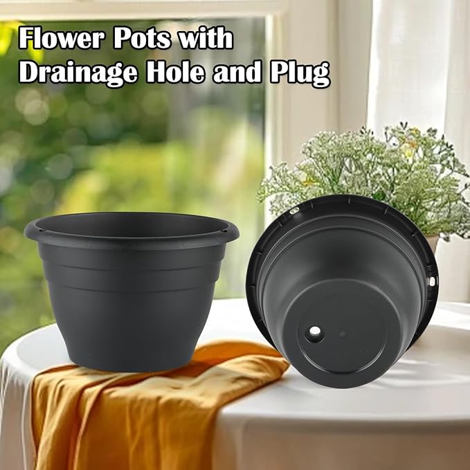 Plant Pots Set of 5, 10" Outside Diameter Flower Pots, 8.5" Inner Diameter Planters with Drainage Hole, Durable Perfect for Indoor & Outdoor Plant Planting, Decor, Black