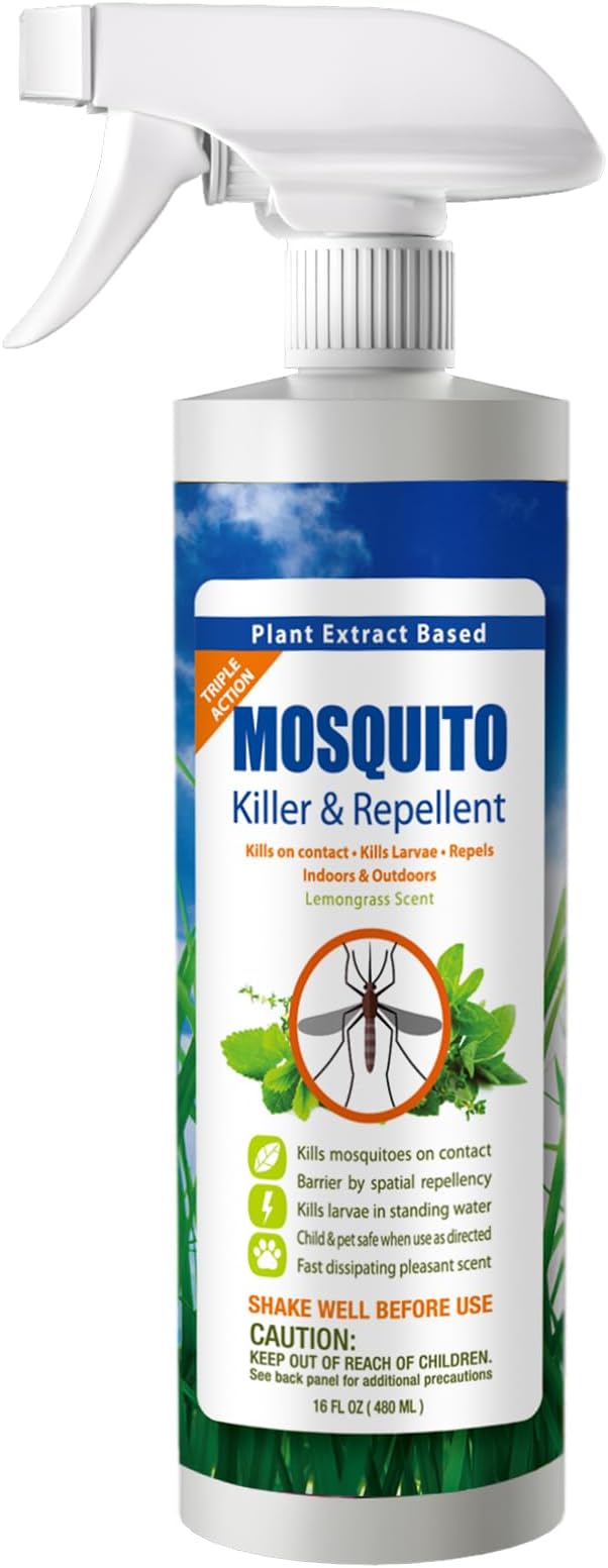 EcoVenger Mosquito Killer by EcoRaider Triple-Action Spray 16 oz, Kills All Stages + Larvae Control + Lasting Repellency, Indoor & Outdoor, Citrus Scent, Non-Toxic Plant Based Formula