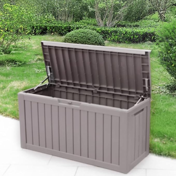 BTEXPERT 80 Gallon Deck Box Outdoor Storage Container with Steel Insert for Patio Furniture Garden Tools Cushions Pool Supplies Sports Equipment Waterproof Lockable UV Resistant Resin