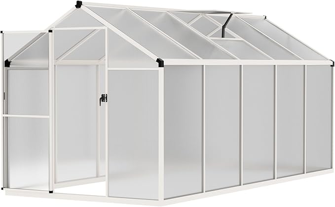 6' x10' Double-Wall Polycarbonate Aluminum Greenhouse Kit for Outdoor, Walk-in Greenhouse with Lockable Door and Adjustable Roof Vent, Backyard Garden in Winter, White