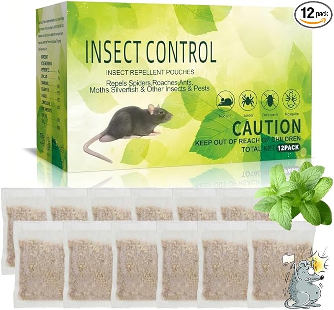 Mouse Repellent Pouches, 12 Pack Rodent Repellent, Natural Peppermint Oil Squirrel, Rat & Mole Deterrent for Indoor/Outdoor Use, Effective for Home, Car, RV, Garage, Garden, Basement
