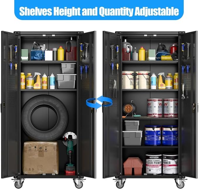Metal Garage Storage Cabinet with Wheels and Pegboard, 72" H Rolling Steel Storage Cabinet with 4 Adjustable Shelves and Lockable Door for Garage, Office, Home,Required Assembly,Black