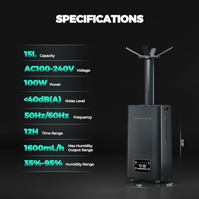 MARS HYDRO Plant Humidifier 15L,with Adjustable Humidity,Timer Function,Ultrasonic Precise and Silent Operation,No-Leak Seal for Grow Tent,Indoor Planting,Greenhouse,Bedroom