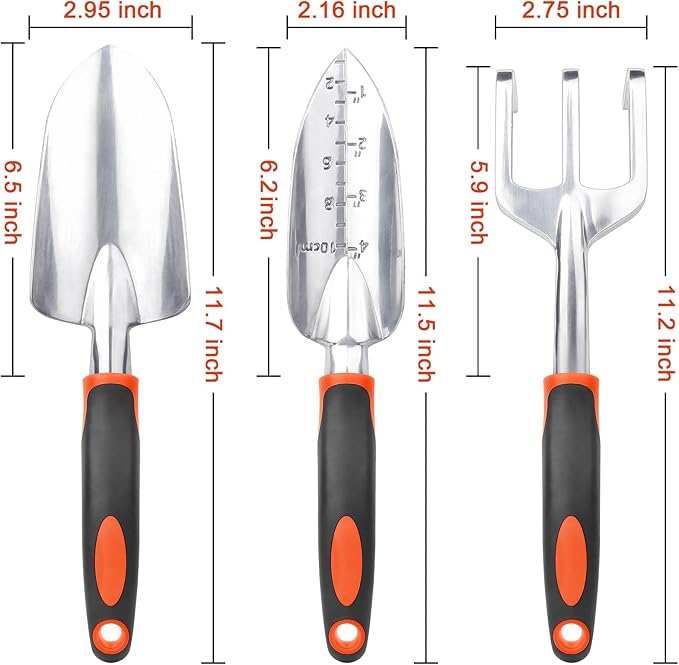 Garden Tools Set, 3 Pack Heavy Duty Gardening Tools Set Include Garden Shovel, Transplant Trowel and Hand Rake with Ergonomic Handle, Aluminum Alloy Lawn for Planting, Orange