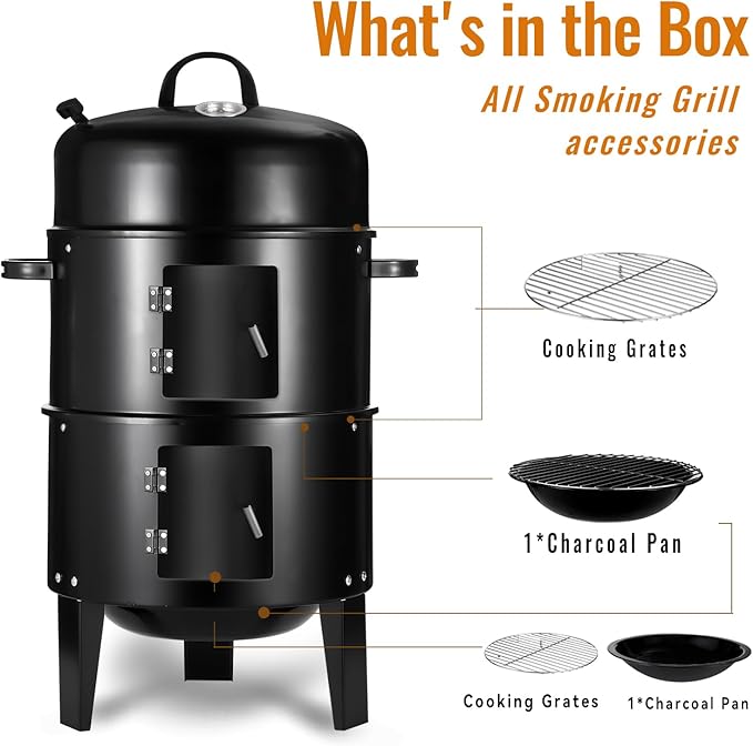 Vertical 17 Inch Charcoal Smoker Grill with Thermometers and Air Vent, Multi-Layer Meat 3-in-1 Portable light weight with 2 Access Doors Grill Smoker (17 INCH)