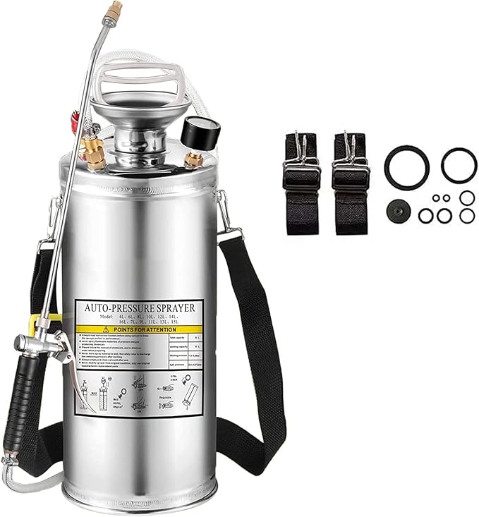 1.5Gal Stainless Steel Pump Up Sprayer Reinforced Hose, Hand Pump Sprayer with Pressure Gauge&Safety Valve, Adjustable Nozzle Suitable for Gardening (1.5 Gallon)