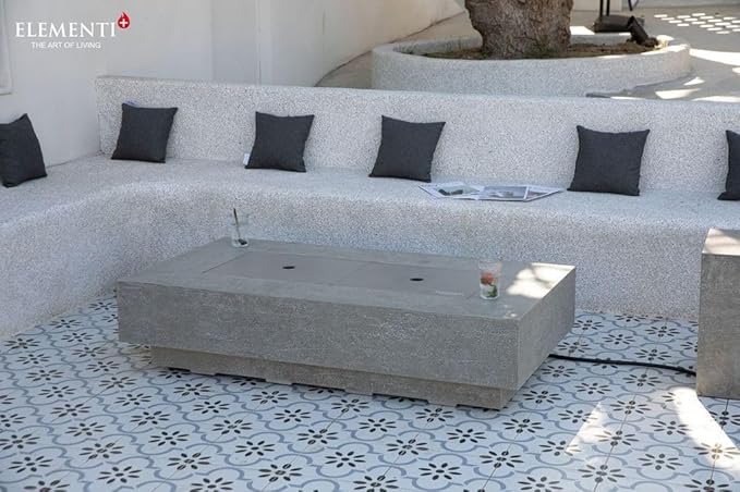 Elementi+ | Bundle Riviera Gas Fire Pit Cast Concrete 60" Rectangular Fire Table, Outdoor Fire Pit Electronic Ignition | Canvas Cover, Fire Glass and Burner Lid Included | Light Gray | Natural Gas