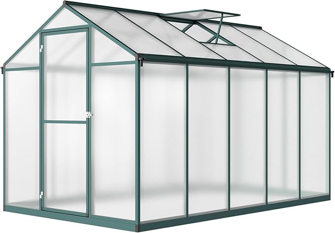 10x6.25FT Greenhouse,Easy Assembly Aluminum Polycarbonate Walk-in Greenhouse with Roof Vent, Large Outdoor Garden Green House,Patio,Backyard,Green