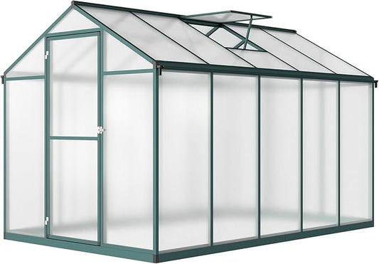 10x6.25FT Greenhouse,Easy Assembly Aluminum Polycarbonate Walk-in Greenhouse with Roof Vent, Large Outdoor Garden Green House,Patio,Backyard,Green