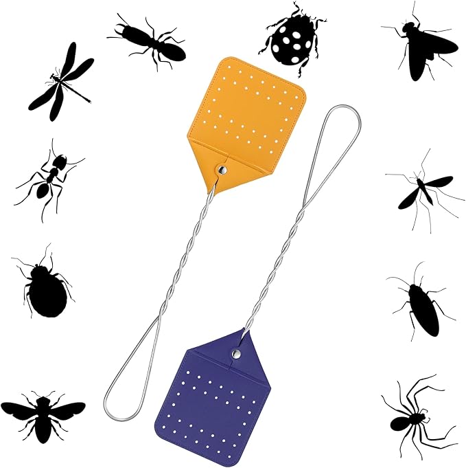 Zopeal 4 Pcs Sturdy Leather Fly Swatter 17 Inch Long Handle Manual Swat Heavy Duty Metal Handle Flyswatter Rustic Fly Swatter for Indoor Outdoor(Orange, Green, Yellow, Purple)