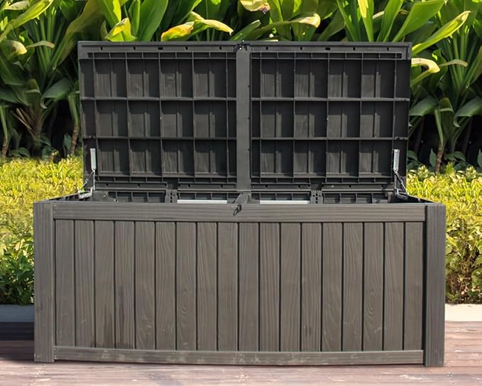 BTEXPERT 150 Gallon Large Resin Deck Box, Outdoor Storage Container with Metal Rods & Partition for Patio Furniture Cushions Garden Tools Equipment Waterproof Lockable UV Resistant