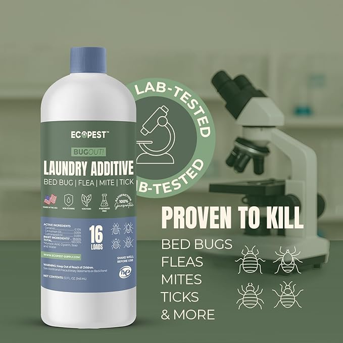 BugOut! Laundry Additive – Natural Detergent Booster for Bed Bug, Mite, Flea, & Tick Treatment & Prevention | Plant-Based Killer, Made with Fabric-Safe Soap | Works in Hot and Cold Wash (32 Oz)