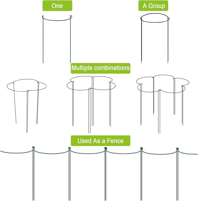HiGift 8 Pack 24 Inch Plant Support Stakes, 10" Wide x 24" High Half Round Metal Garden Plant Stake Peony Support Cage, Green Plant Support Ring Border for Tomato,Hydrangea,Flower Indoor Outdoor