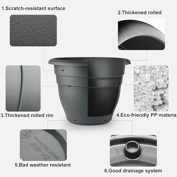 3-Pack Jumbo 15.7 Inch Planters with Rolling Saucers & Drainage – Large Flower Pots for Indoor/Outdoor, Heavy-Duty Moving Trays, Fits Tall Plants (Set of 3, Black)