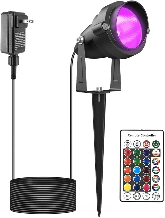 Yard Spot Light with Timer, RGBW Spotlights Colored Warm White Spot Lights Outdoor Landscape Lights IP65 Waterproof Uplights with Spiked Stand for Garden Lawn Pathway (1 Light)