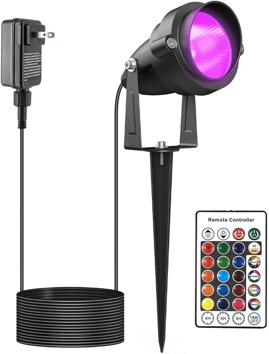 Yard Spot Light with Timer, RGBW Spotlights Colored Warm White Spot Lights Outdoor Landscape Lights IP65 Waterproof Uplights with Spiked Stand for Garden Lawn Pathway (1 Light)