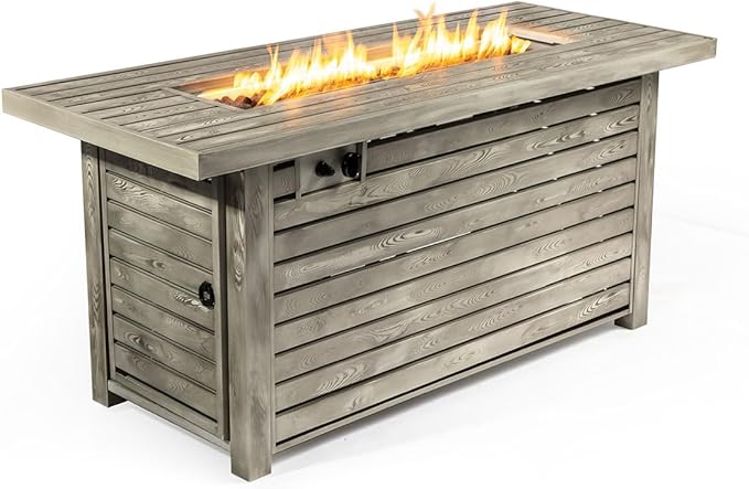 54'' Rectangle Steel Propane Fire Pit Table for Outdoor Home Garden Backyard Fireplace, Wood-Like Grain, Grey