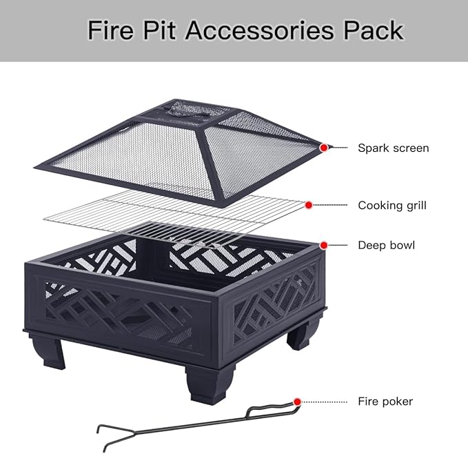 Breezz Update Version 26 Inch Wood Burning Fire Pit with Cooking Grill and Spark Screen, Outdoor Metal Firepit for Patio, Backyard, Bonfire Party, Camping and Garden