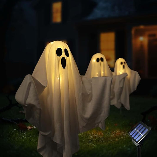 Solar Powered Halloween Decorations, 3 Pack Light Up Ghost Outdoor Path Pathway Kit Walkway Driveway Warm White Led Lights Solar Power Scary Yard Stakes Garden Lawn Decor
