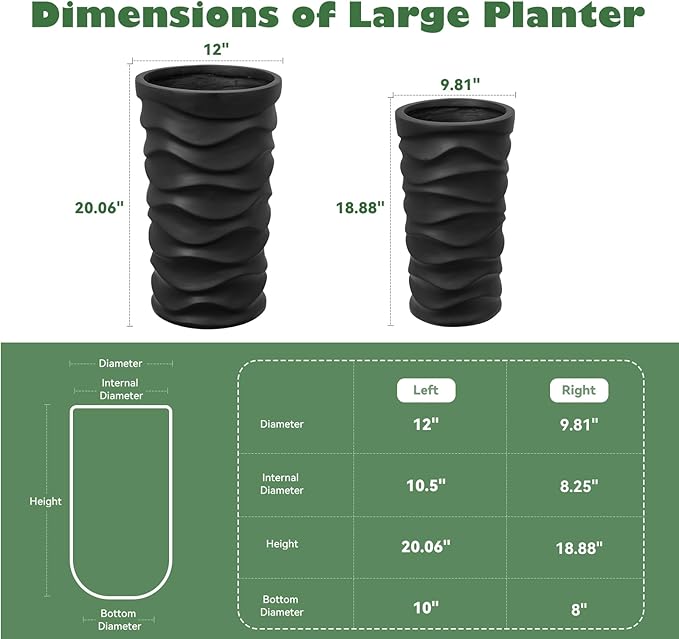 YOLENY Tall Planters with Drainage Hole 2 Pack, 20" H/18 H Porch Wavy Planters Outdoor Indoor Use, Plant Flower Pots for Home Decor, Black