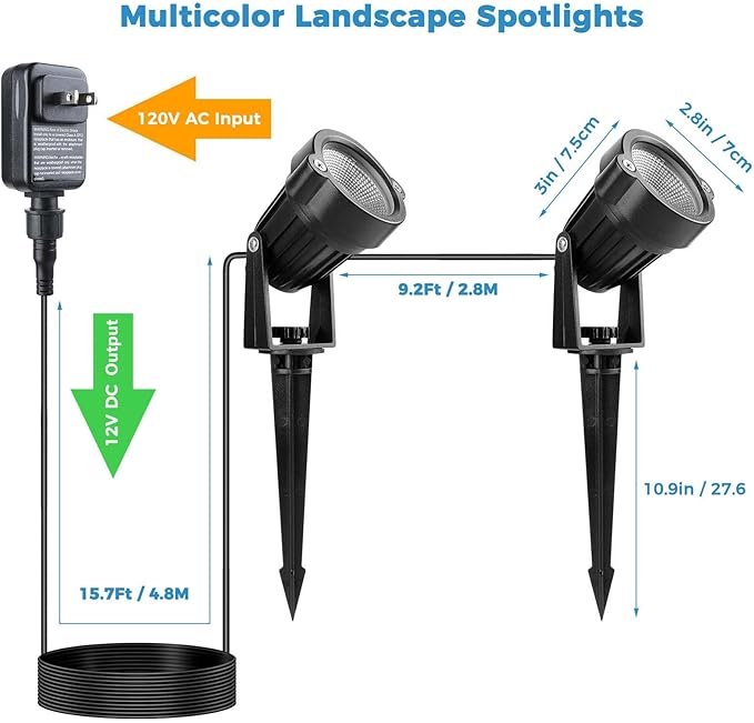 Yard Spot Lights Outdoor, Color Changing Spotlights Timer IP65 Waterproof LED Landscape Lighting with Remote Dimmable Pathway House Garden Lawn Uplights (8 in 1)