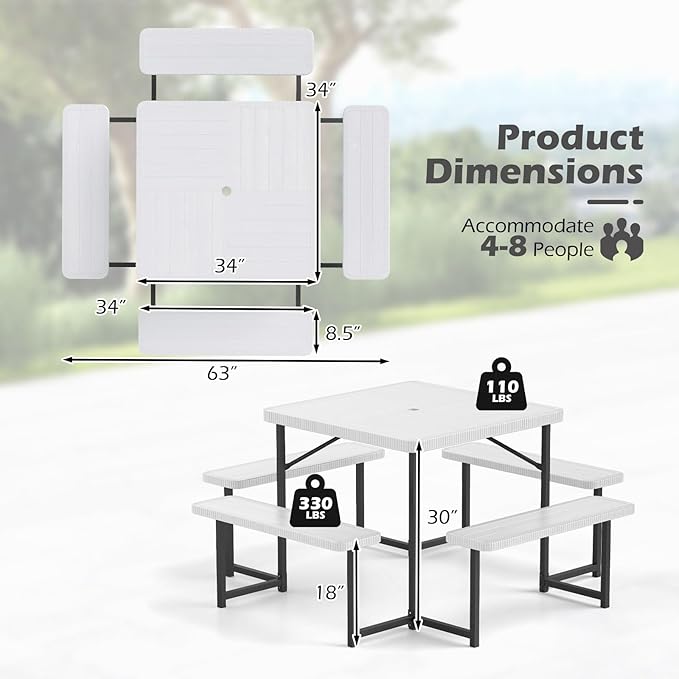 Tangkula 8 Person Picnic Table, HDPE Outdoor Square Table and Bench Set with 4 Built-in Benches, Umbrella Hole, Metal Frame for Garden Yard Patio Lawn