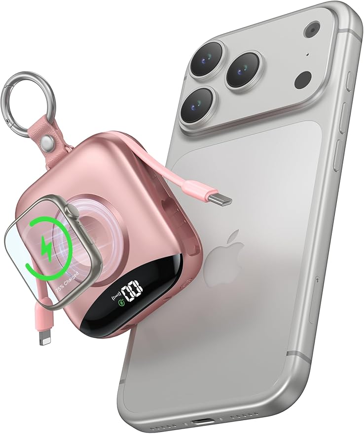 Portable Charger Power Bank, 10000mAh 22.5W Fast Charging Phone Charger with Built-in Cables, Travel Essential Battery Pack with LED Display, Keychain Battery Bank for iPhone, iWatch 10/9/8/7/6/5 Rose