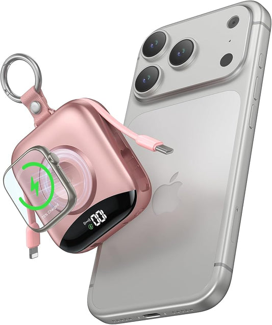 Portable Charger Power Bank, 10000mAh 22.5W Fast Charging Phone Charger with Built-in Cables, Travel Essential Battery Pack with LED Display, Keychain Battery Bank for iPhone, iWatch 10/9/8/7/6/5 Rose