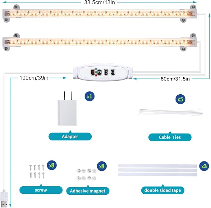 LED Grow Light Strips for Indoor Plants Full Spectrum 3500K, 96 LEDs Plant Light Bar with 3/9/12H Timer, 10 Dimmable Levels for Seedling Succulent, 13 Inches 2 Head