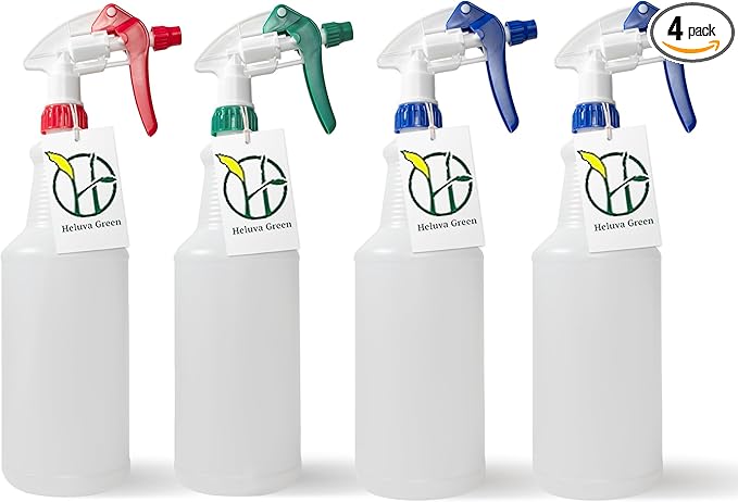 Heavy Duty 32oz Plastic Spray Bottles for Cleaning - Large Empty Industrial Bottles for Gardening Solutions, Vinegar, Chemicals, Professional Cleaners - Adjustable Sprayer Nozzle - 4 Pack