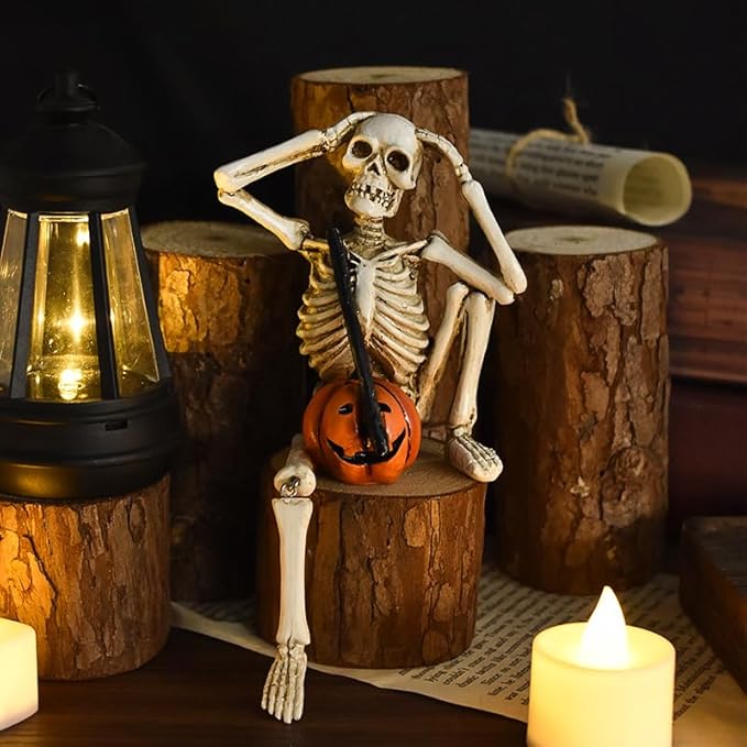 Halloween Decorations Indoor Skeleton Statues See Speak Hear No Evil Figurines for Mantel Table - Realistic Resin Skull Spooky Gothic Home Decor Set of 3