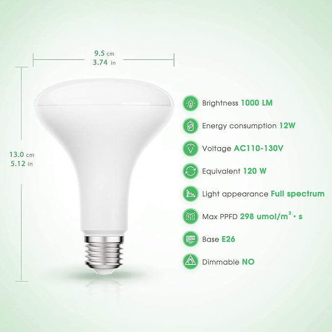 Briignite LED Grow Light Bulb, BR30 Grow Light Bulbs, Full Spectrum Grow Light Bulb 12W, 120W Equivalent, Plant Light Bulbs E26 Base, Grow Light for Indoor Plants, Seedlings, Greenhouse, 1 Pack