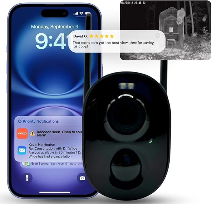 Coop Smart WiFi Chicken Camera – iOS Only, 1080p HD, Night Vision, AI Predator Alerts, Battery + Solar Option, Outdoor Waterproof Security Cam Monitoring & Egg Watch