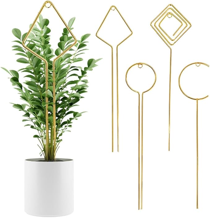 Plant Climbing Support - 4 Pack Small Metal Trellis for Climbing Plants Indoor, 15.7 Inch Indoor Plant Trellis with Different Patterns, Vine Plant Support for Flower Pothos (Gold)