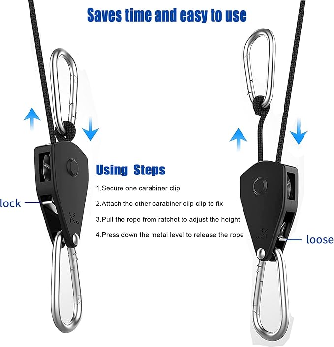 Grow Light Rope Hanger ，1/8" 8-Feet Long Heavy Duty Adjustable Rope Clip Hanger, Adjustable Rope Ratchet Hangers 150 Lbs per Pair (12 Pairs)