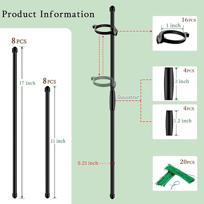 Plant Stakes 17inch &11inch SupKing Adjustable Length Plant Support Stake 16Pcs Black Orchid Stick with Clips for Indoor Outdoor,Garden Pole for Potted Tomato Amaryllis Vegetables with 20 Ties