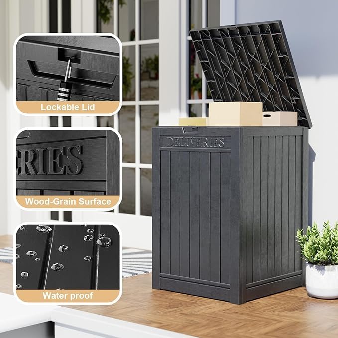 48 Gallon Resin Package Delivery Box - Rust & Moisture Resistant, Lockable, Waterproof Deck Box for Porches, Patios, Indoor & Outdoor Use (Blcak, 48 GAL)