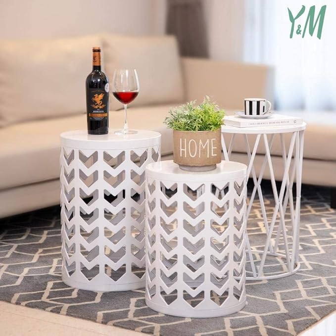 Y&M Side Table,Set of 3 Heavy-Duty Round End Table, Outdoor Decorative Garden Stool Plant Coffee Table for Indoor Multifunctional Use, Stand-White
