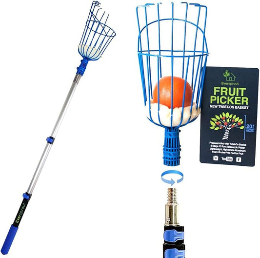 EVERSPROUT 1.5-3ft Durable Fruit Picker with 10+ Foot Reach – Telescoping Fruit Picker Pole, Lightweight Twist-On Fruit Picking Tool with Basket, Aluminium Extension Pole for Tree Fruit Harvesting