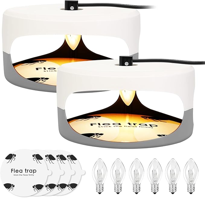 2 Pack Flea Traps for Inside Your Home, Indoor Flea Light Bed Bug Killer with 6 Light Bulb & 4 Sticky Pads Refills, Odorless Natural Insect Infestation Trap for Kid Pet, Safer Than Sprays & Powders