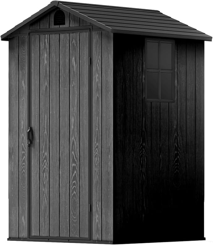 Patiowell 4 x 4 FT Plastic Outdoor Storage Shed with Floor, Garden Tool Shed with Two Windows and Single Lockable Door for Garden, Backyard, Lawn, Easy to Install, Dark Grey(Fit-it Shed)