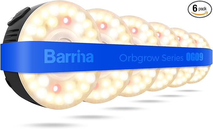 Barrina Orbgrow OG09 Puck LED Grow Light with 660nm Red LEDs, 54W(6 x 9W, 810 Watt Equiv), Plant Lights for Indoor Plants Full Spectrum, Magnetic & Linkable, Small Grow lamp, Seeding, 6 Packs, Black