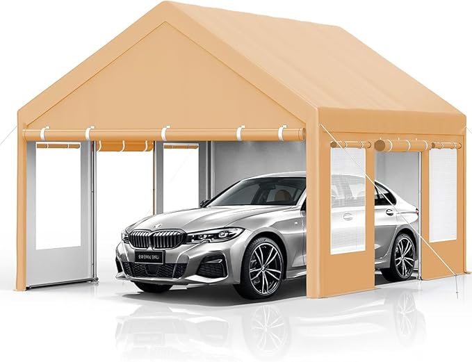 Garvee 13x20 Heavy Duty Carport Canopy, Galvanized Steel Frame Car Port with Waterproof PE Tarp, 4 Doors & 4 Windows, All Weather Portable Garage for Car Boat Truck, Yellow