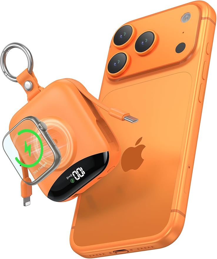 Portable Power Bank, 10000mAh 22.5W Fast Charging Phone Charger with Built-in Cables, Travel Essential Battery Pack with LED Display, Keychain Battery Bank for iPhone, iWatch 10/9/8/7/6/SE/5/4 Orange